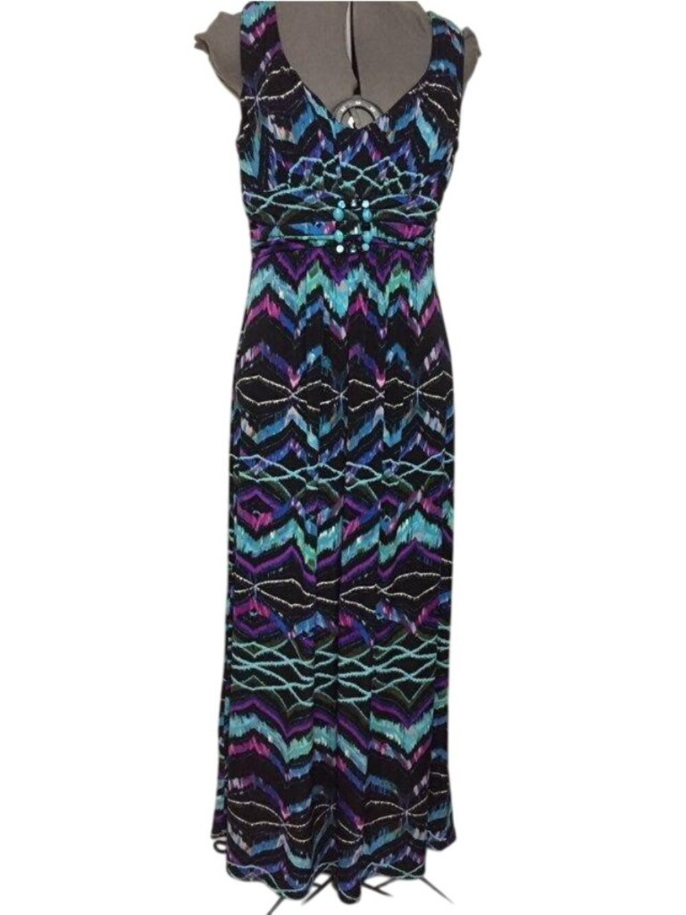 Bisou Bisou Michelle Bohbot Maxi Dress Womens 10P Petite Beaded Chevron Used - Picture 15 of 16